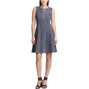 DKNY Faux Suede O-Ring Zip-Front Scuba Dress in Grey, Women’s 6